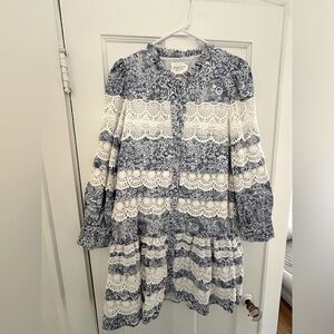 Tuckernuck Hyacinth House Lace Trim Blue Etched Floral Emmie Mini Dress, size M